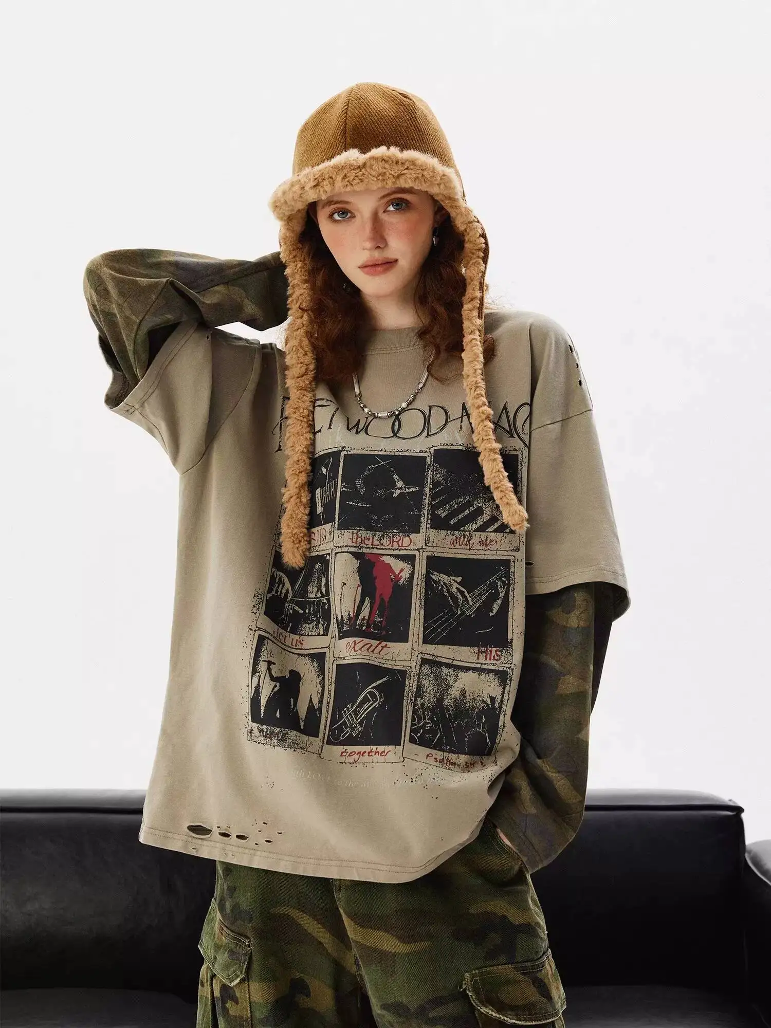 2026 New American Street Fake Two piece Camo Distressed Long Sleeve T shirt Retro Vintage Trendy Top Fashion Streetwear Unisex