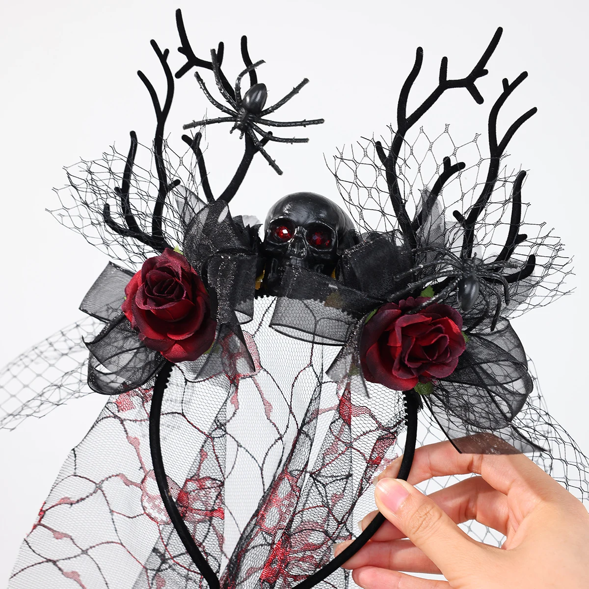 Damen Gothic Geweih-Schädel-Schleier-Stirnband, Schwarzes Spitzen-Rosen-Blumen-Kopfband für Halloween, Vampir-Cosplay, Dunkle Party-Kostüm-Accessoire – Detail 18