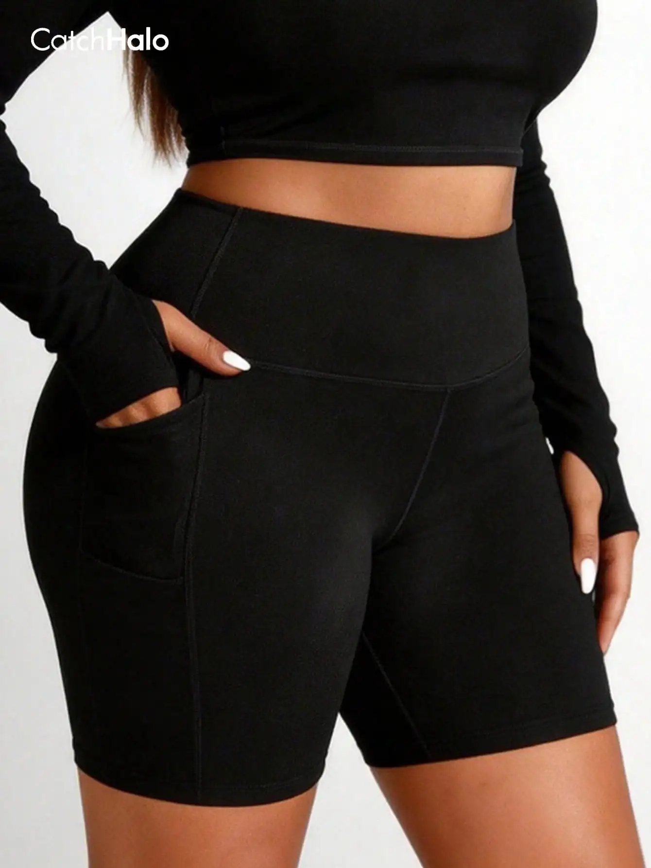 Plus Size Women Sports Shorts High Waist Side Pockets Tummy Control Butt Lifting High Stretch Biker Shorts For Yoga Gym Fitness