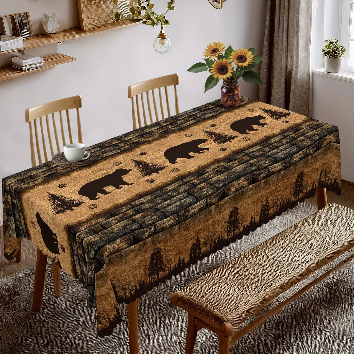 One simple bear and pine tree tablecloth with stone and brick background, made of polyester in round and rectangular shapes.