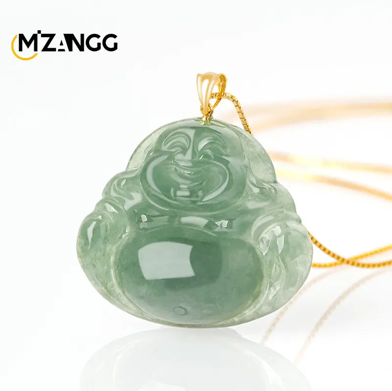 18K Gold Inlaid Natural Burma A Goods Jadeite Oil Green Maitreya Buddha Pendant Necklace Women's Ice Jadeite Auspicious Pendant