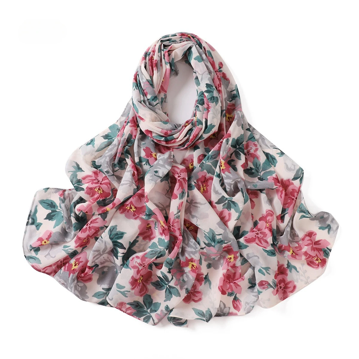 High Quality New Flower Printed Chiffon Hijab Fashion Long Scarf Summer Beautiful Floral Headscarf Wraps for Muslim Woman