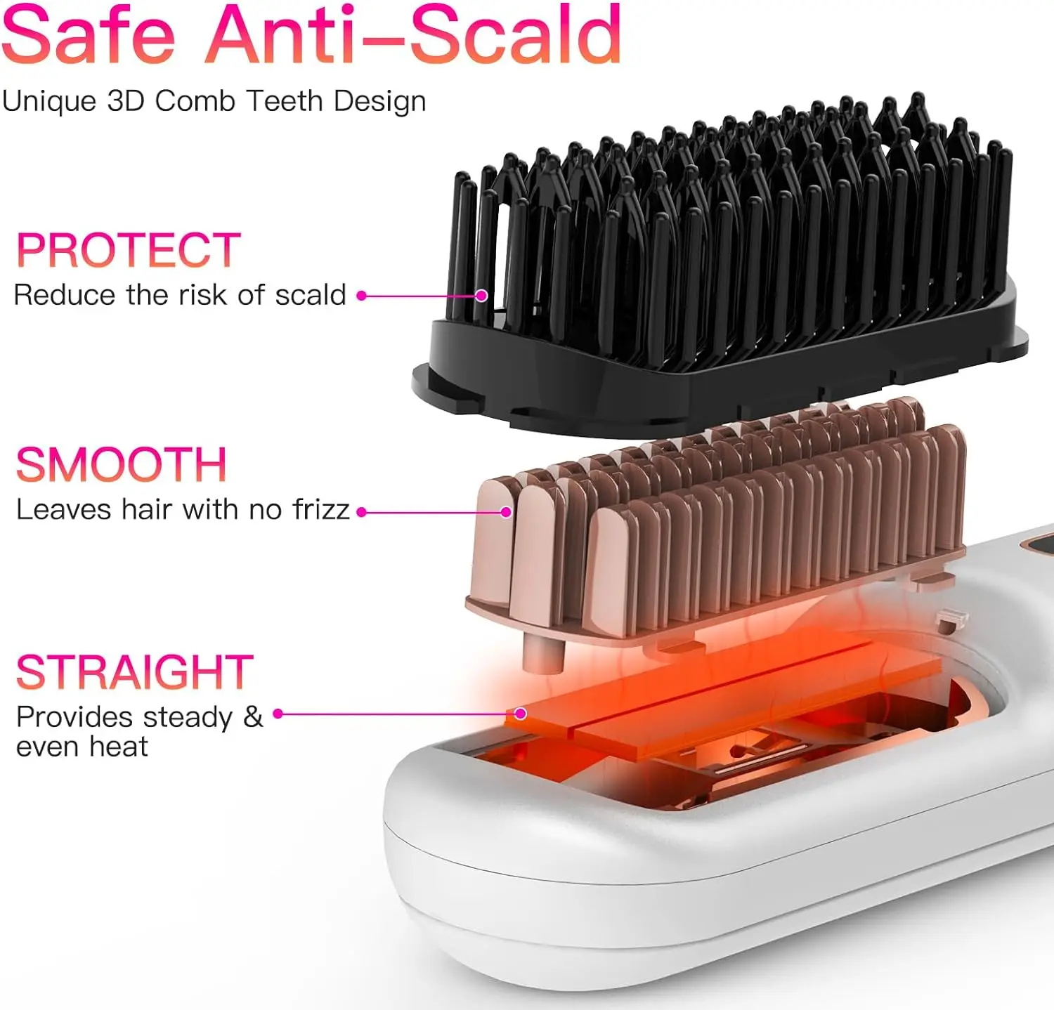Portable Pink USB Rechargeable Wireless Ionic Mini Electric Hair Straightener Brush Cordless Ceramic Plastic Laser Styling