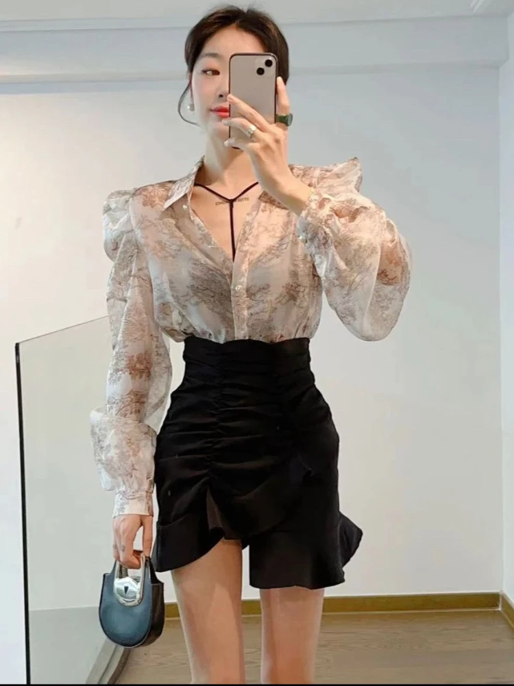 2023 Blusas Mujer De Moda Floral Sweet Blouses for Women Loose Puff Sleeve Turn Down Collar Shirts Summer Vintage Elegant Tops