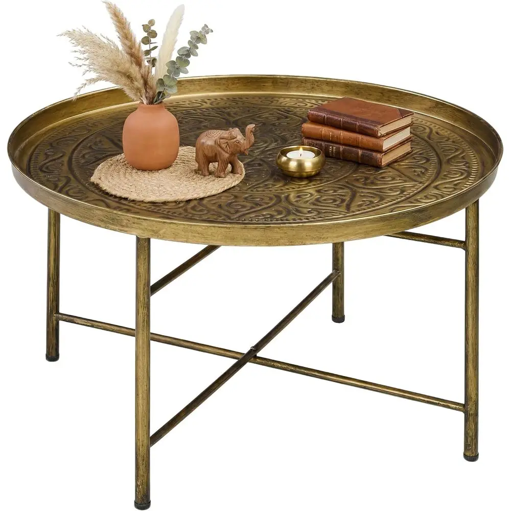 

24 Hammered Tray Top Coffee Table, Vintage Gold Metal Accent Table for Living Room or Bedroom