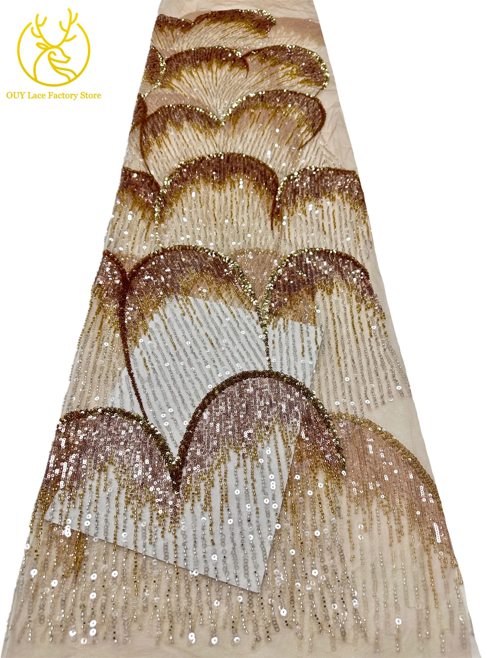 5 Yards afrikanischer Perlen-Pailletten-Spitzenstoff, hochwertiger, exquisiter nigerianischer Tüll-Mesh-Spitzenstoff zum Nähen von Hochzeitskleidern – Detail 20