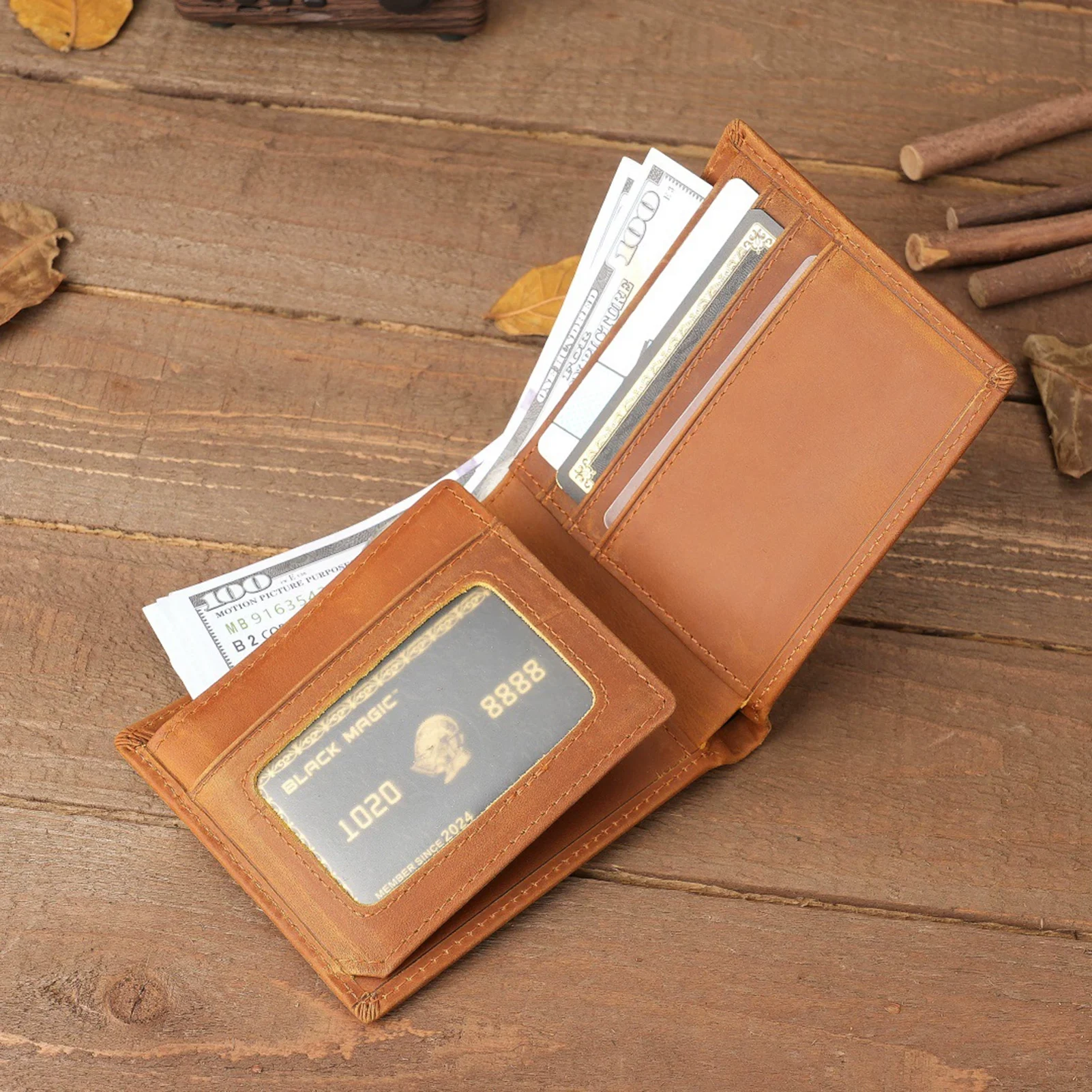 

Men's Retro Leather Wallet With Engraving And Anti Theft Design Wallet Multi Compartments For Classic Business And Casual Use