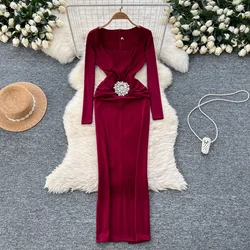 Elegant Square Neck Vintage Long Sleeve Chic Rhinestone Pleated Slim Split Dresses French Evening High Street Autumn Clothing