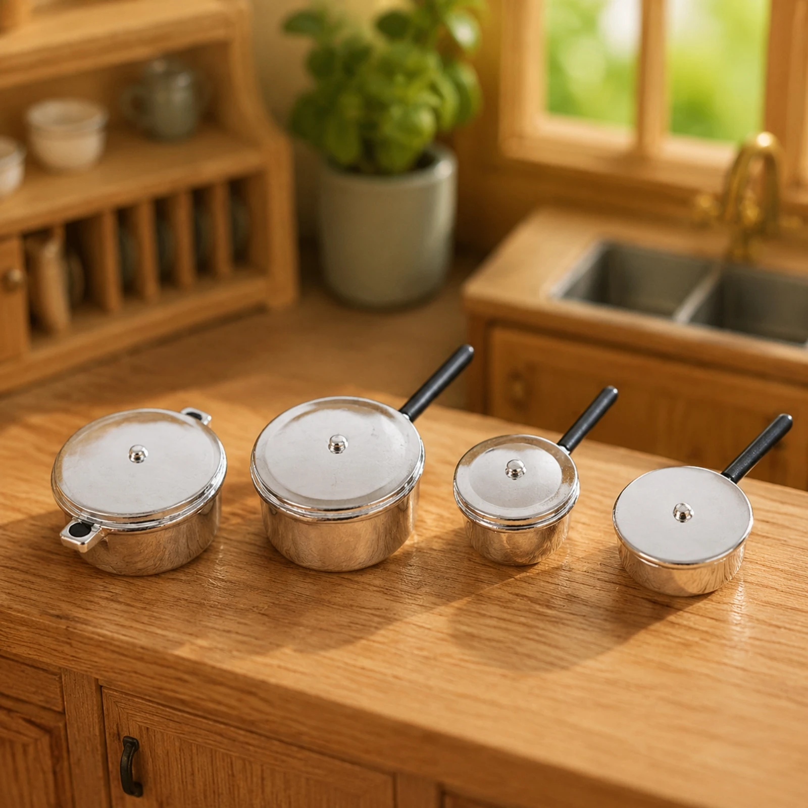 4 Pieces Tiny Frying Pan and Pot Set Realistic Dollhouse Cookware Set with Lids Miniature Silver Cookware Collection Lightweight