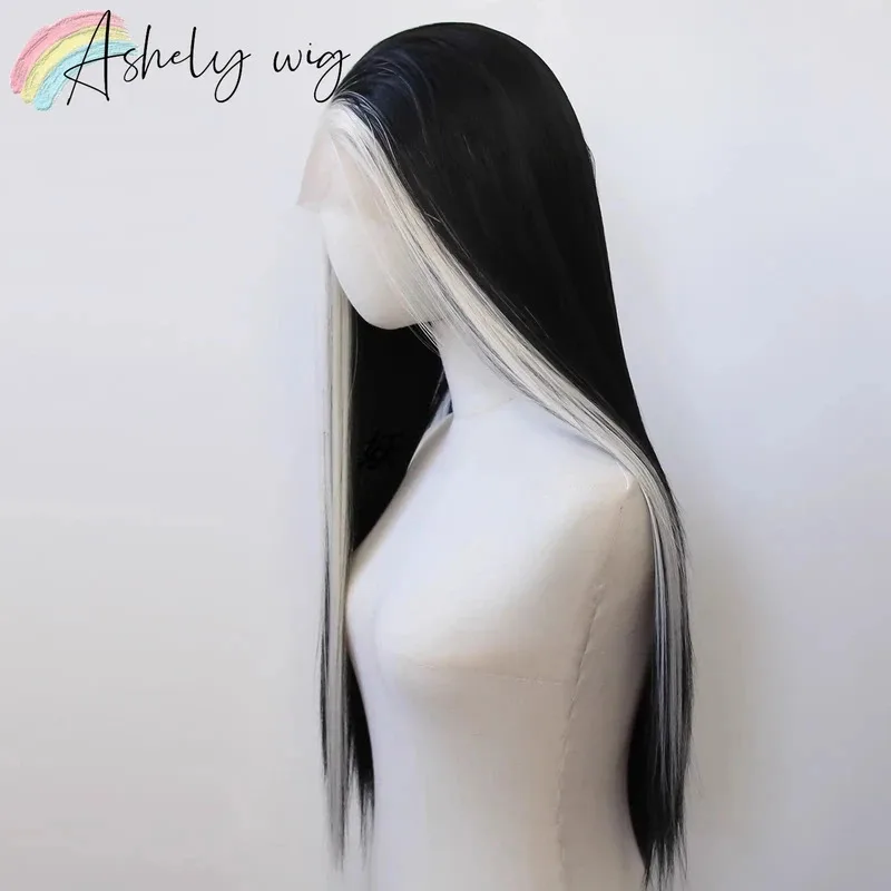 Ashely الأبيض تسليط الضوء على الأسود الاصطناعية الدانتيل الجبهة الباروكات 26 بوصة 13*4 طويل مستقيم الدانتيل الجبهة شعر مستعار اصطناعي خط الشعر الطبيعي