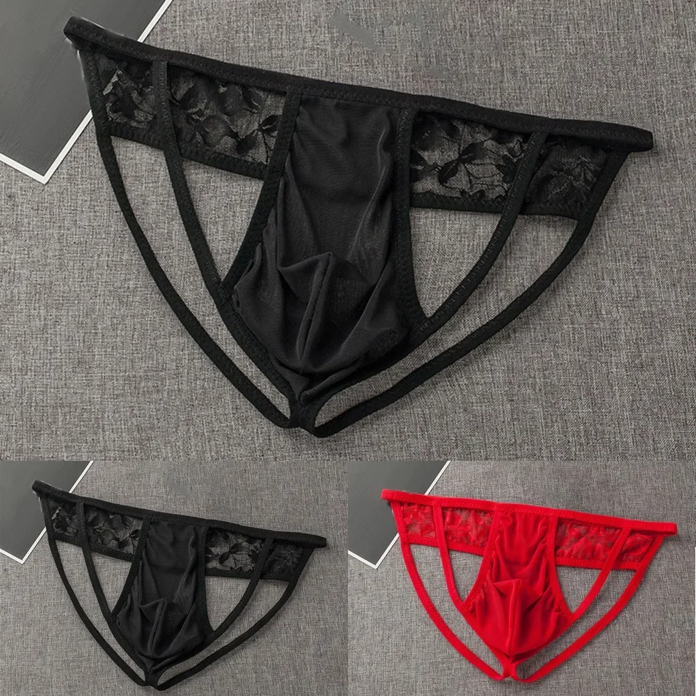 Tanga transparente con bolsa convexa en U para hombre, suspensorio de encaje, Bikini Gay, Sexy ropa interior, Tangas con espalda descubierta, bragas