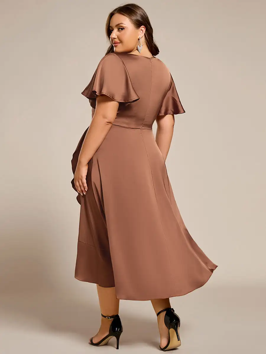 Plus size Evening Dresses Ruffles Sleeve Regular Fold Stream Asymmetrical Hem 2025 Ever Pretty of Satin Brown Bridesmaid dress