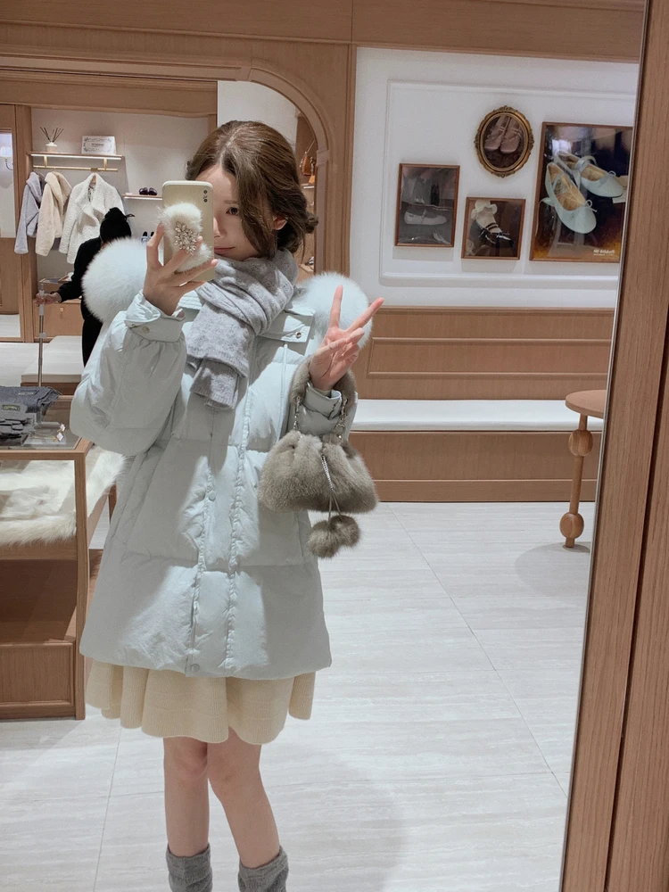 

Icelandic Blue Ultra Large Fur Collar Multi-Way Wearable 90% White Du down Puffer Jaet Warm Fluffy Casual Sle Long ...