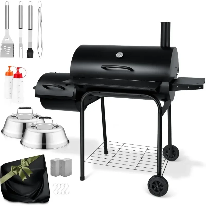 Charcoal with Smoker, BBQ Charcoal and Offset Smoker, Large with Cover, 811 Square Inches  outdoor table