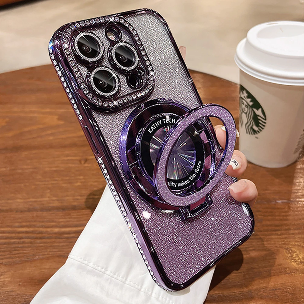 

Plating For Magsafe Magnetic Stand Holder Rhinestones Case For iPhone 17 Pro Max 16 11 12 13 14 15 Plus Diamond Bumper Cover
