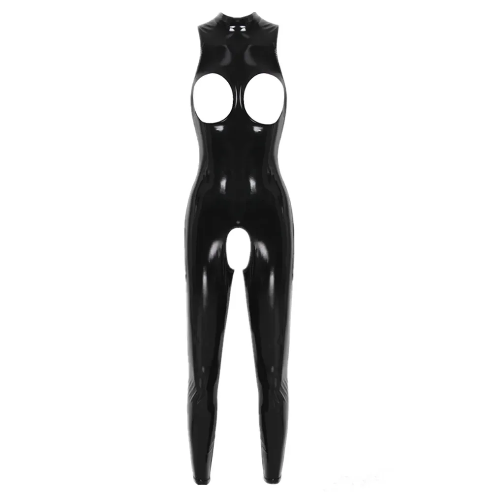 Women Sexy Lingerie Wet Look Faux Leather Jumpsuits Hollow Out Latex Catsuit Erotic Open Crotch Nightclub Bodysuit