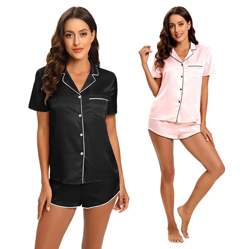 

Summer High-Quality Satin Elastic Comfortable Home Wear Pajama Two-Piece Set With Multiple Colors