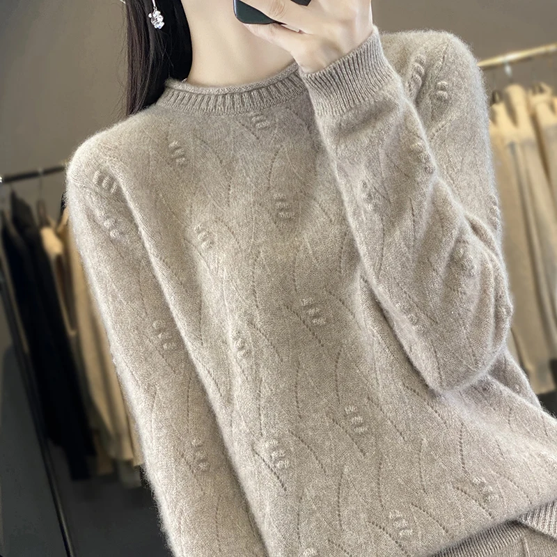 

Round Neck Cashmere Sweater for Women Curled Hollow Out Pure Cashmere Knitted Sweater Loose Bottomed Sweater Autumn and Winter