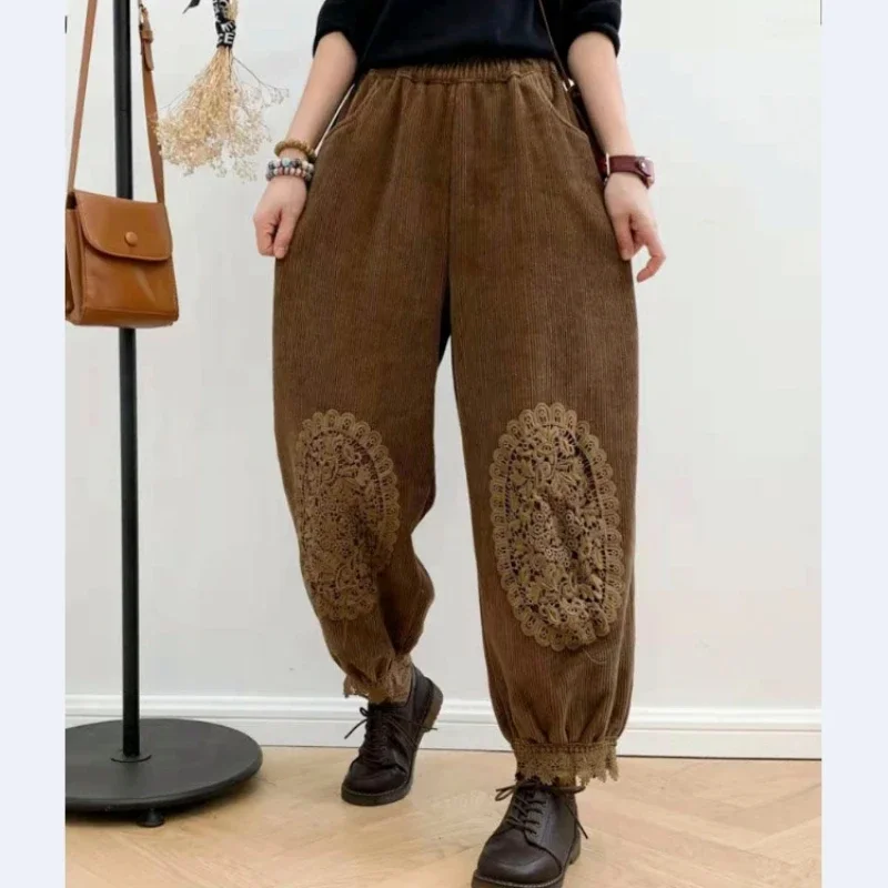 

2023 Women's Fleece Pants, Warm Corduroy Trousers Elastic Waist Loose Fit Winter Casual Style Bloomers Woman Y2k Baggy Pants