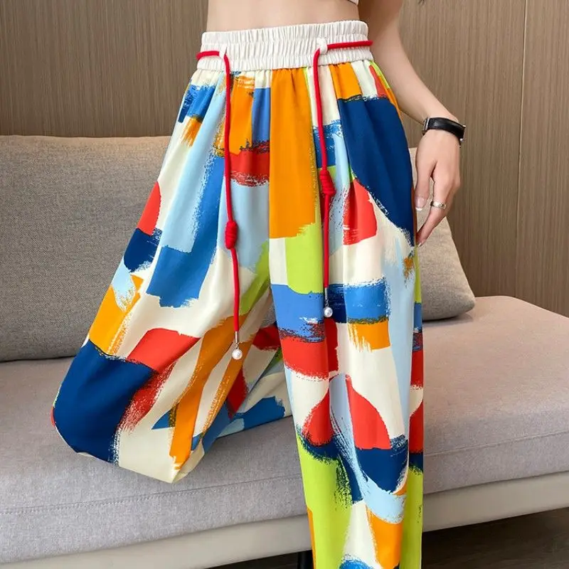 Fashion Elastic Lace Up Color Printed Geometric Chiffon Pants Female Clothing 2024 Summer New Loose High Waist Casual Trousers