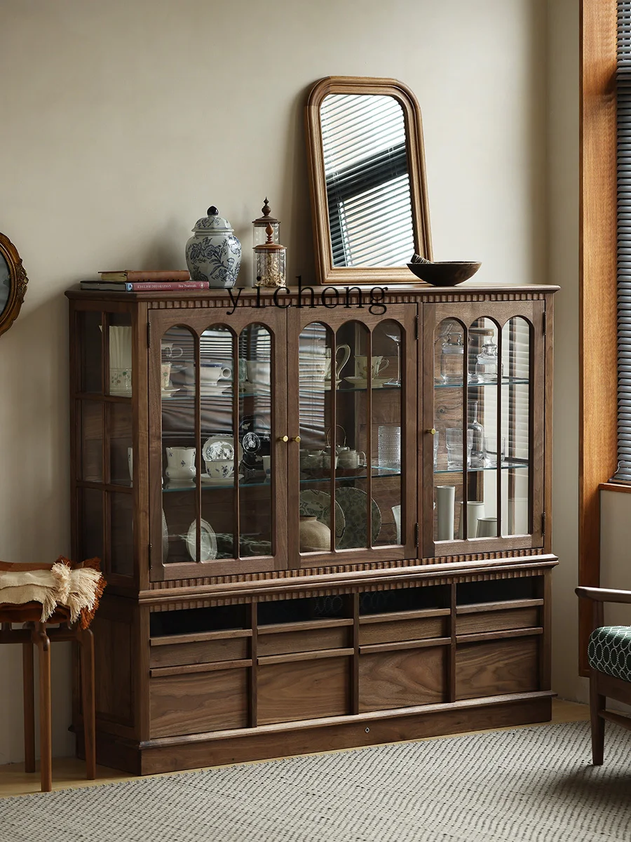 ZC Vintage Teaware Porcelain Display Cabinet Made of Glass Black Walnut Combination Sideboard Cabinet Hand-Made Locker