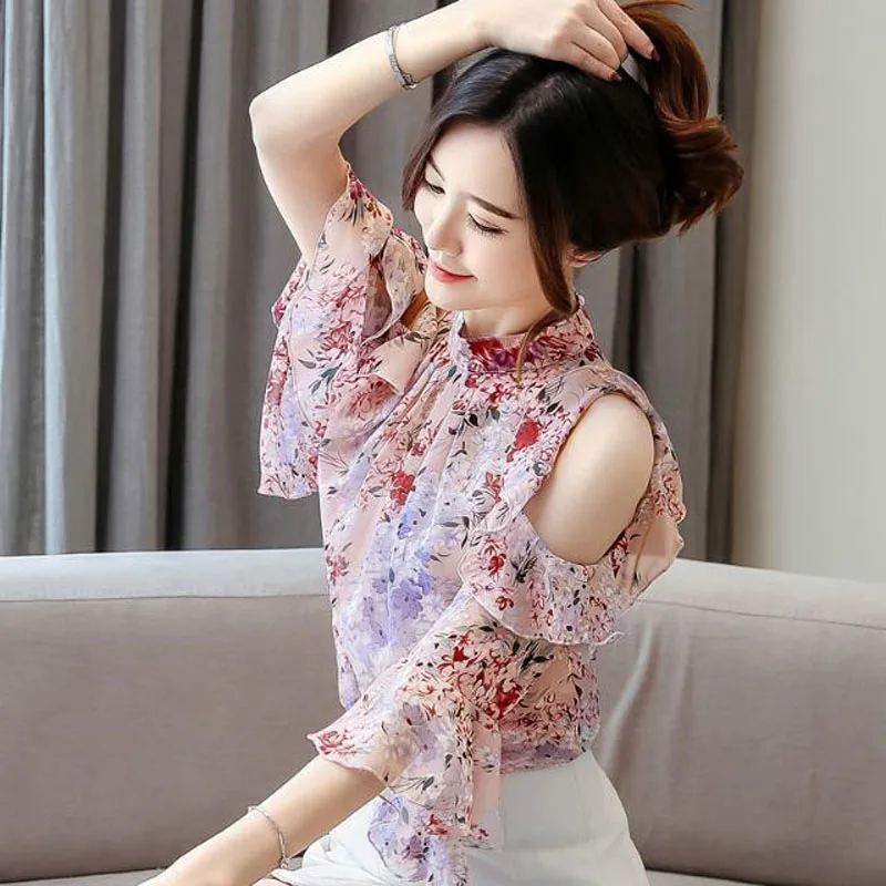 Chemisier à épaules dénudées en mousseline de soie pour femmes, chemise décontractée, ample, col montant, manches évasées, Sexy, imprimé élégant,