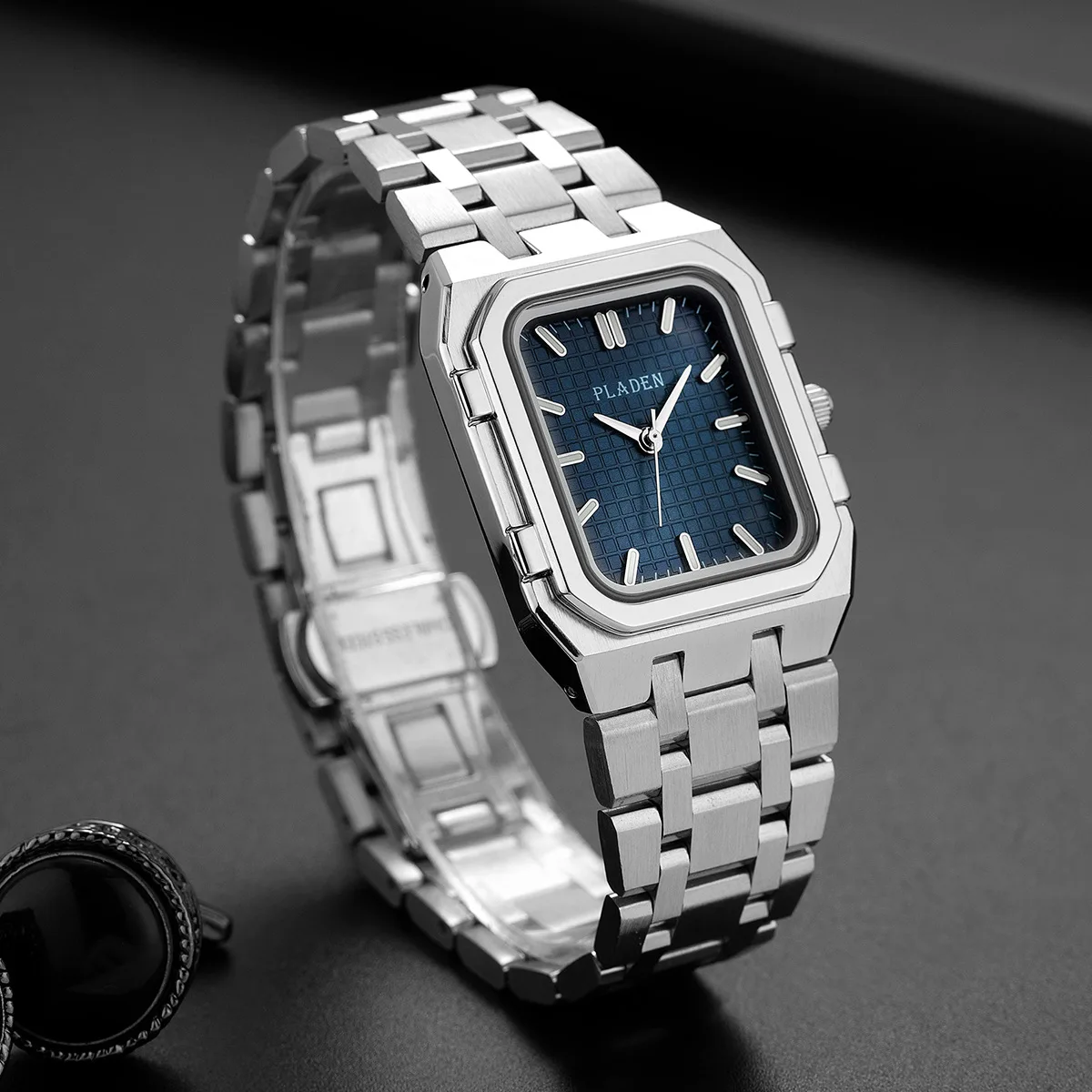 Luxury Rectangle Stainless Steel Men's Quartz Wristwatch Business Man Watch Green Dial Business Watch Relogio Masculino