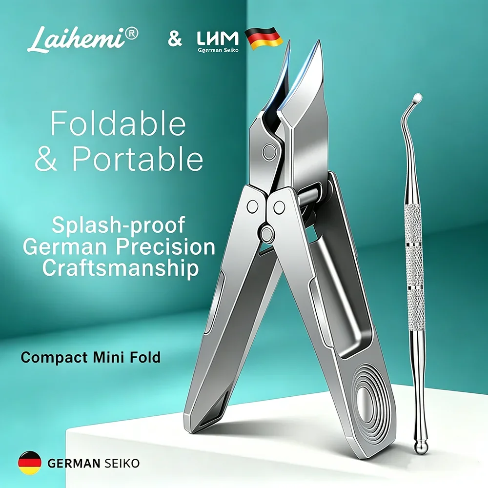 Folding Nail Clippers with Nail Catcher, Sharp Angled Curved Tip Cutters for Thick & Ingrown Nails, Portable Stainless Steel Min