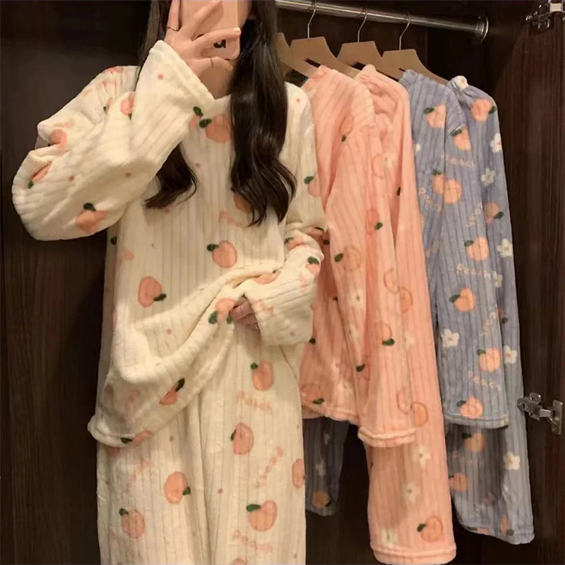 EVNISI Winter Women Warm Sets Cute Peach Printed Thicken Fleece Tops And Pants Pajama Suit Autumn Women Velvet Casual 2 Pieces