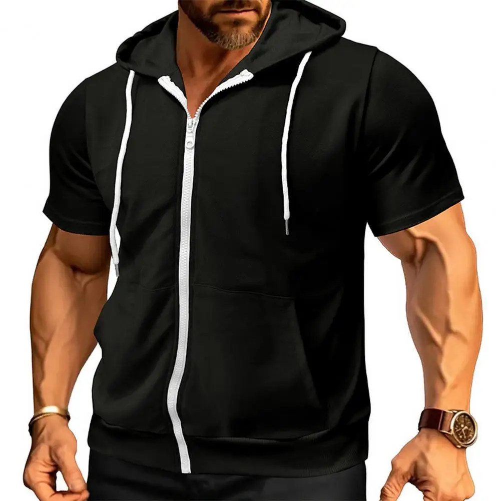 Мужской топ с капюшоном и короткими рукавами. Мужская летняя футболка с капюшоном на молнии. Легкая футболка с короткими рукавами и карманами для повседневного использования для мужчин.