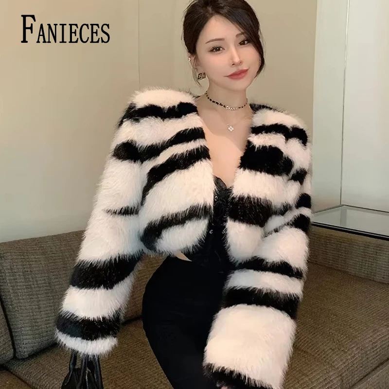 FANIECES Fluffy Faux Fur Women Short Coat Cardigan Tops Y2K Zebra Striped Print Fake Fur Crop Jackets Fashion Winter Streetwear