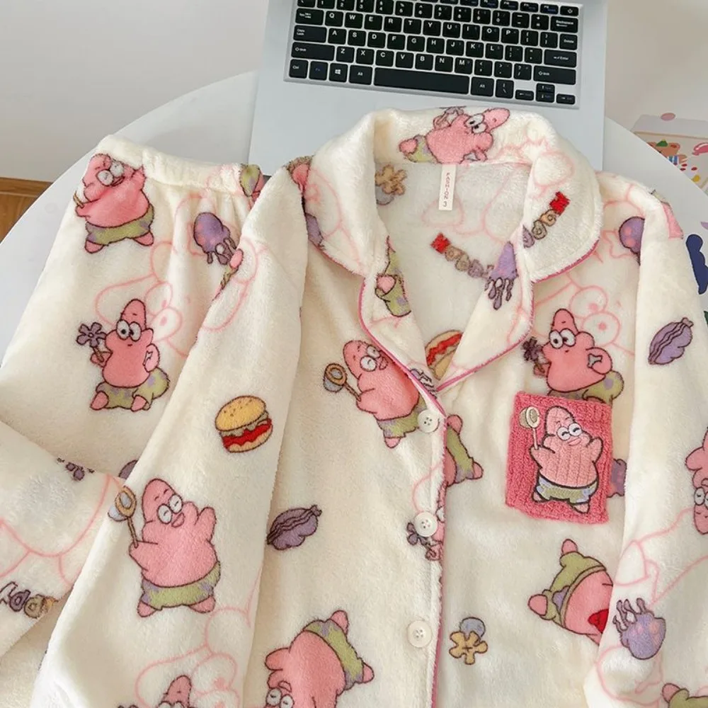 SpongeBob Patrick Star Pigiama di flanella Set Autunno inverno addensato in pile di corallo Pigiama caldo e accogliente per le donne Regali