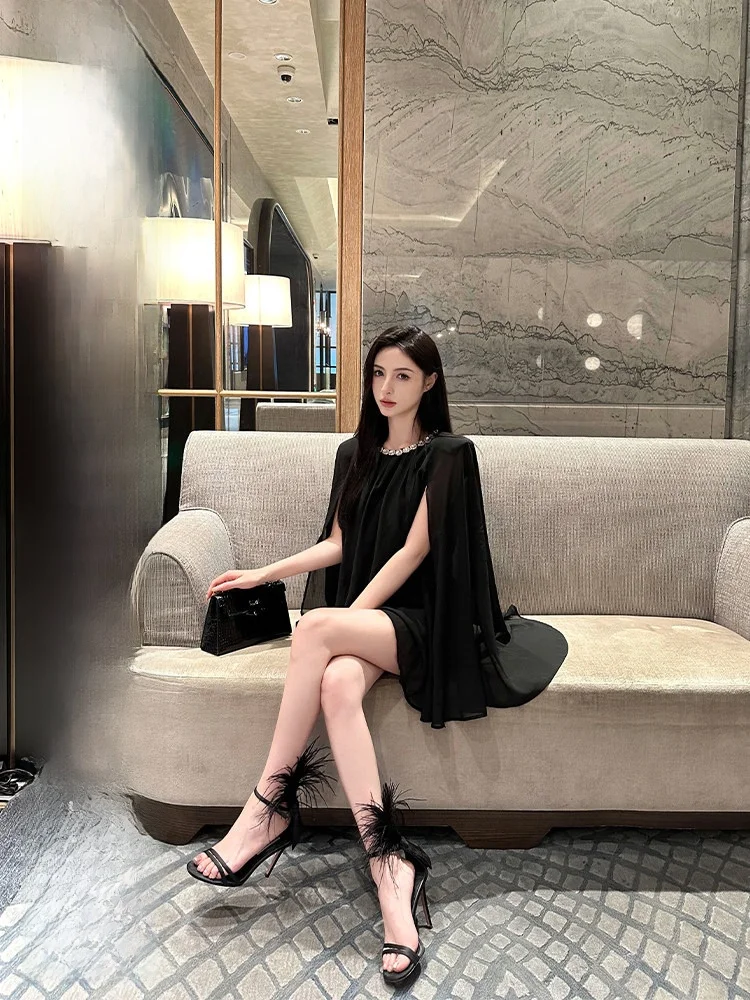 

Elegant Advanced Missy Cloak Black Diamond Chain High-End Feelings Chiffon Drifting Shoulder Pad Top Women's Lace Shirt