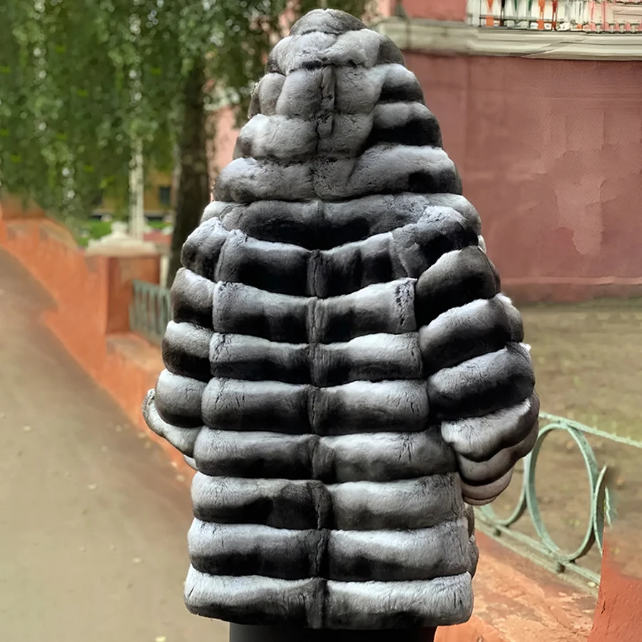 Real Fur Jackets For Women Chinchilla Rex Rabbit Fur Coat With Hood Winter Clothes Woman Luxury Natural Rabbit Fur Coat