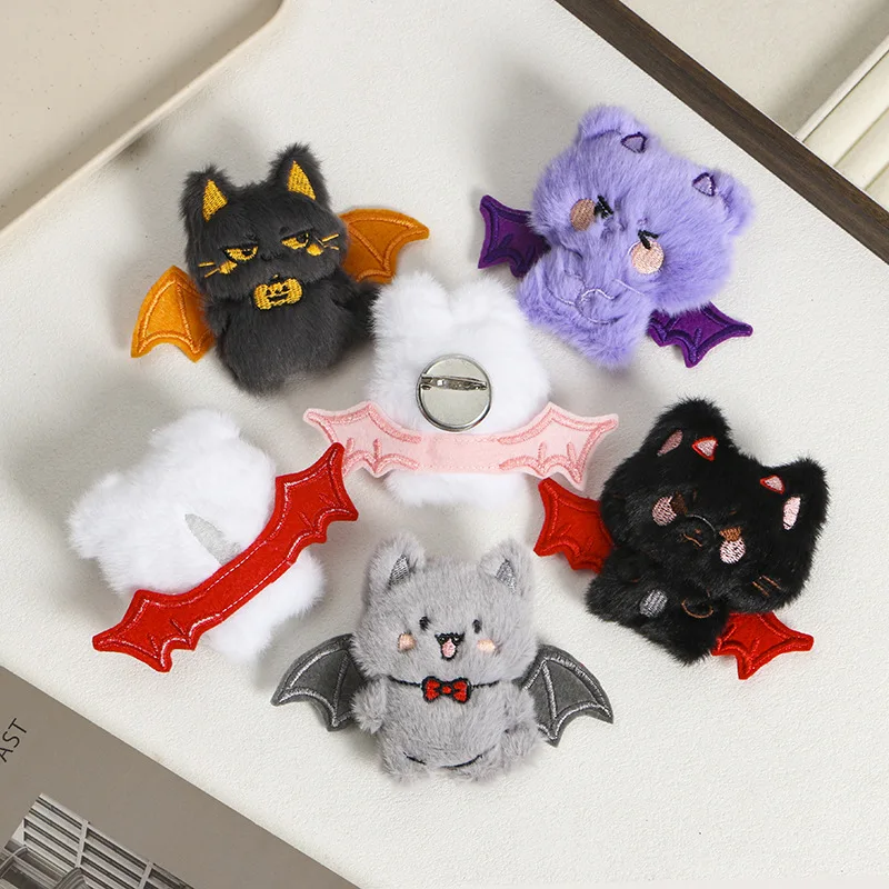 Brooch Halloween Cute Plush Bat Cat Funny Novelty Kids Decoration Accessory Black Orange Metal Polyester Lightweight