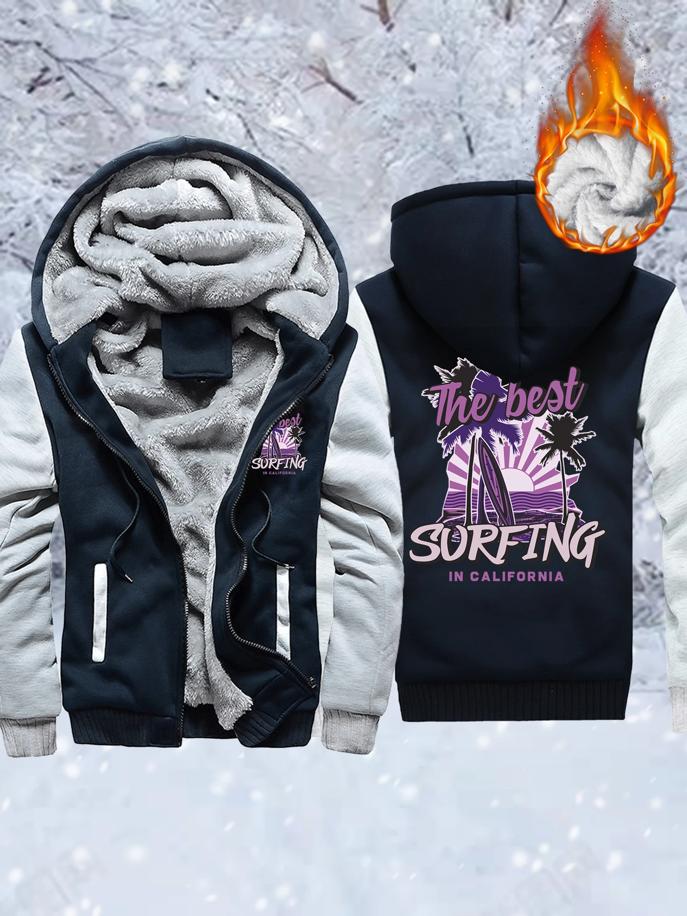 

The Best Surfing In California Print Thicken Coats Men Loose Winter Jackets Soft Zipper Clothing Male Fashion Warm Hoodies