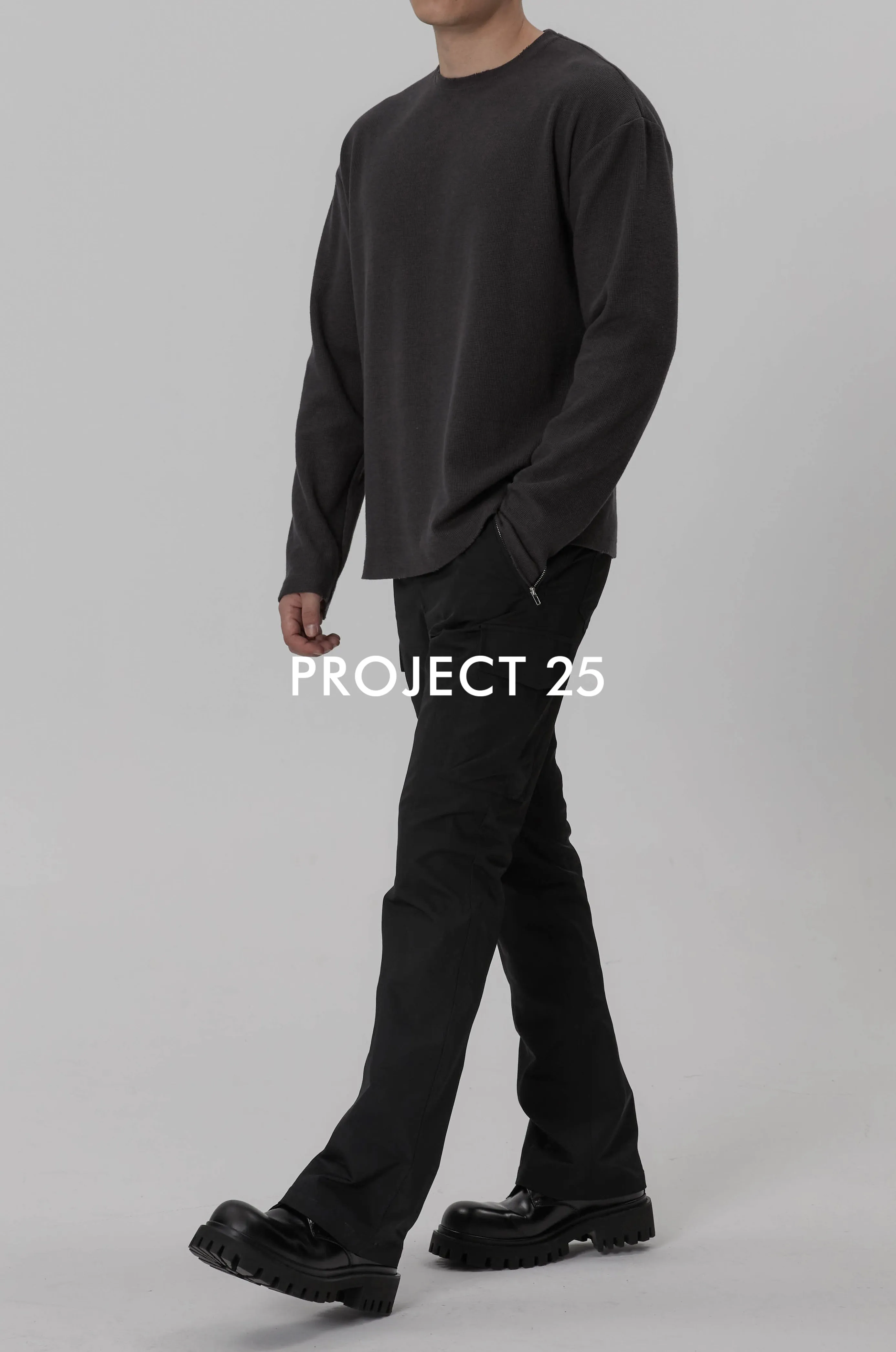 PROJECT 25 Men's Distressed Waffle Knit Long-Sleeve Crew Neck Drop Shoulder Relaxed Fit, Minimalist Essential Base Layer