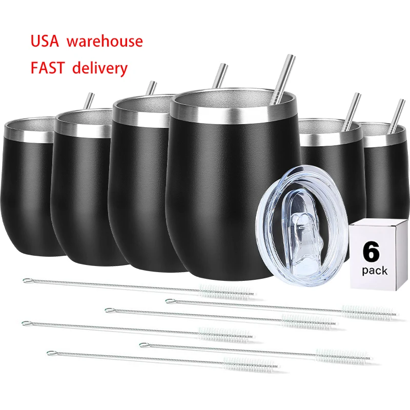 USA warehouse（6 Pack） 12oz Wine Coffee Tumbler With Lid And Metal Straw Cup  Vacuum Insulated Double Wall Mug For  Gift