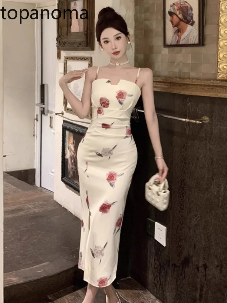 Topanoma Elegant Evening Dresses Women Flowers Printed Sleeveless Slash Neck Slim Backless Wedding Party Dress Cocktail Banquet