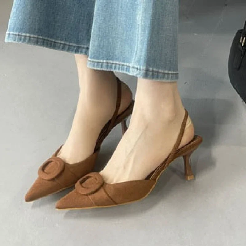 

Women's Black Suede Hollow‑Out Pointed Toe Mule Heels,Thin Ankle Strap Minimalist Elegant Daily Party Footwear,Drop Shipping