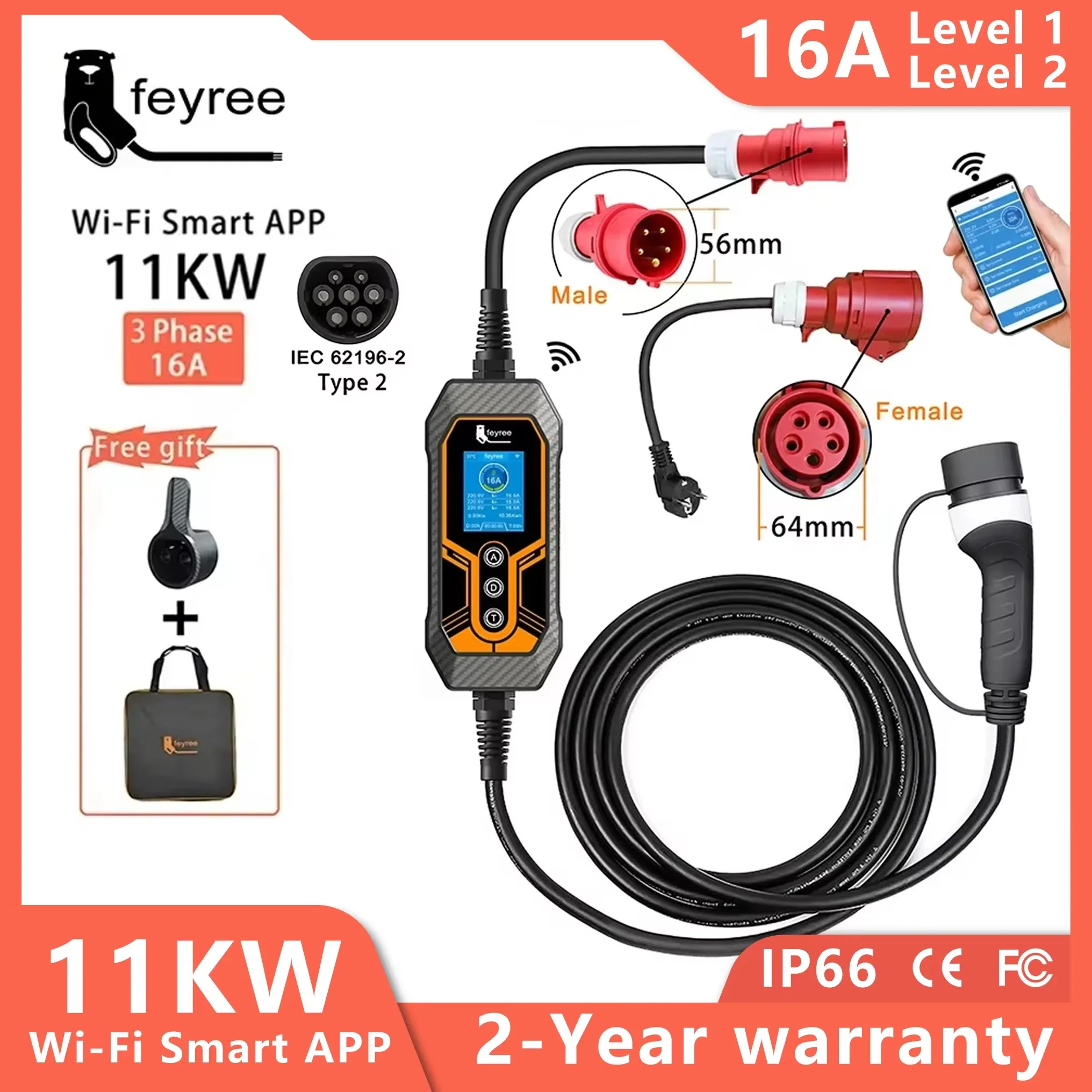 feyree Portable EV Charger Type2 11KW 16A 3 Phase Wi-Fi APP Bluetooth Version EVSE Charging Cable 5m CEE Plug for Electric Car