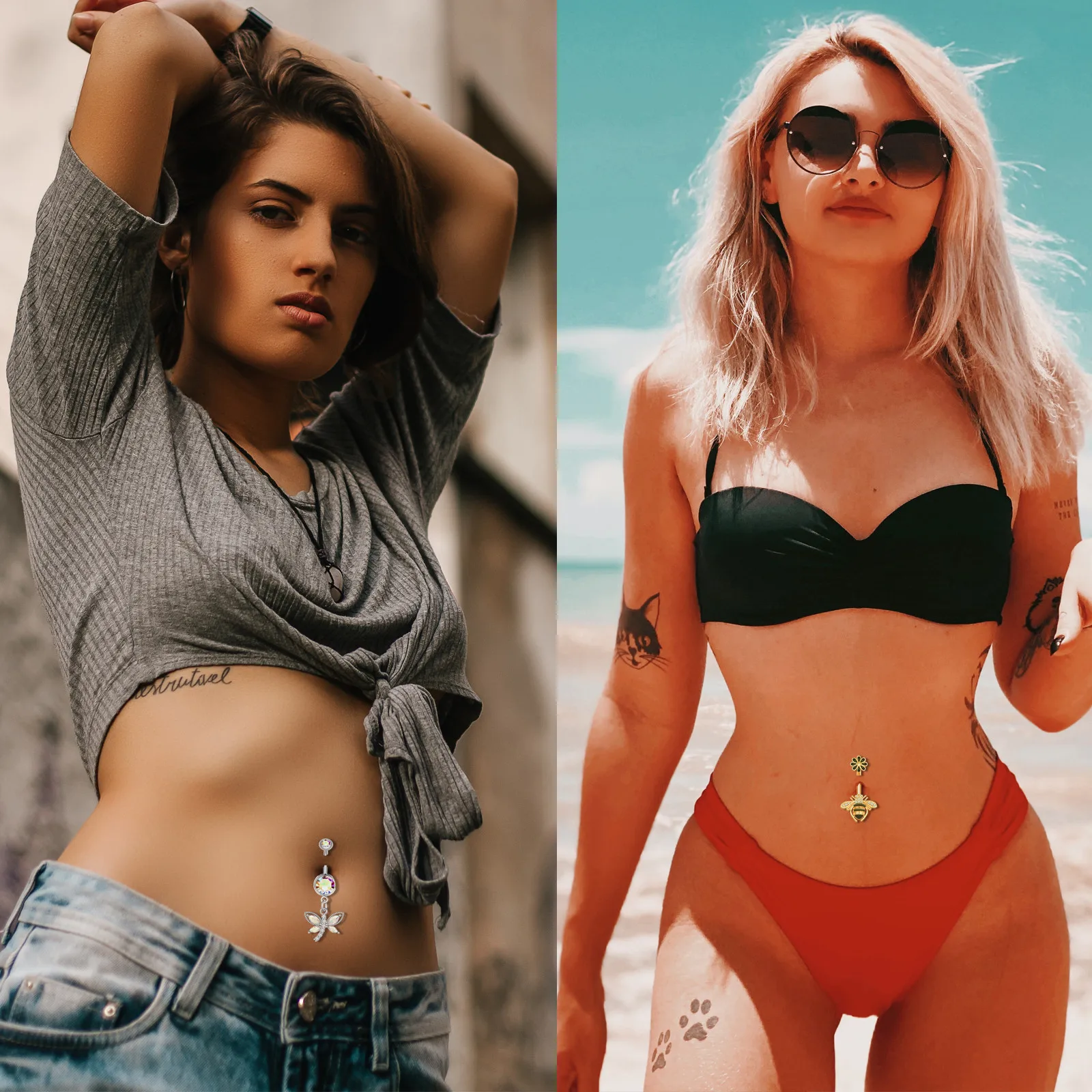 Mixed-style Gold Color Animal Series Belly Button Ring 14G Bee Snake Butterfly Dangled Navel Piercing Nombril Belly Ring Jewelry