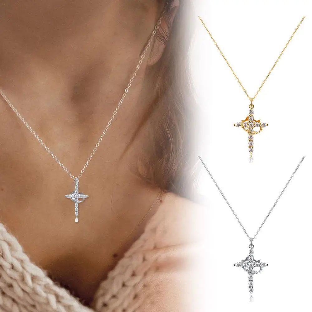 New High-looking Cubic Zircon Plated 14K Gold 50cm Length Women Cross Necklace Crown Rotatable Hang Jewelry For Women Gift