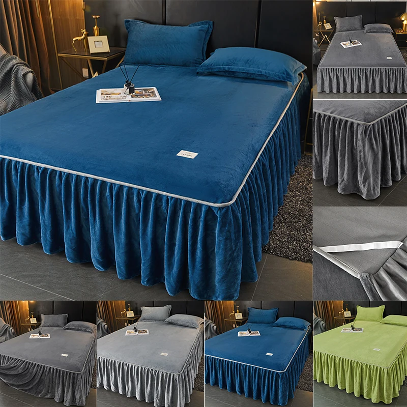 Solid Color Bed Skirt Velvet Bed Cover for Winter Skin-friendly Mattress Protectors roupa de cama Home Bedspread (No Pillowcase)