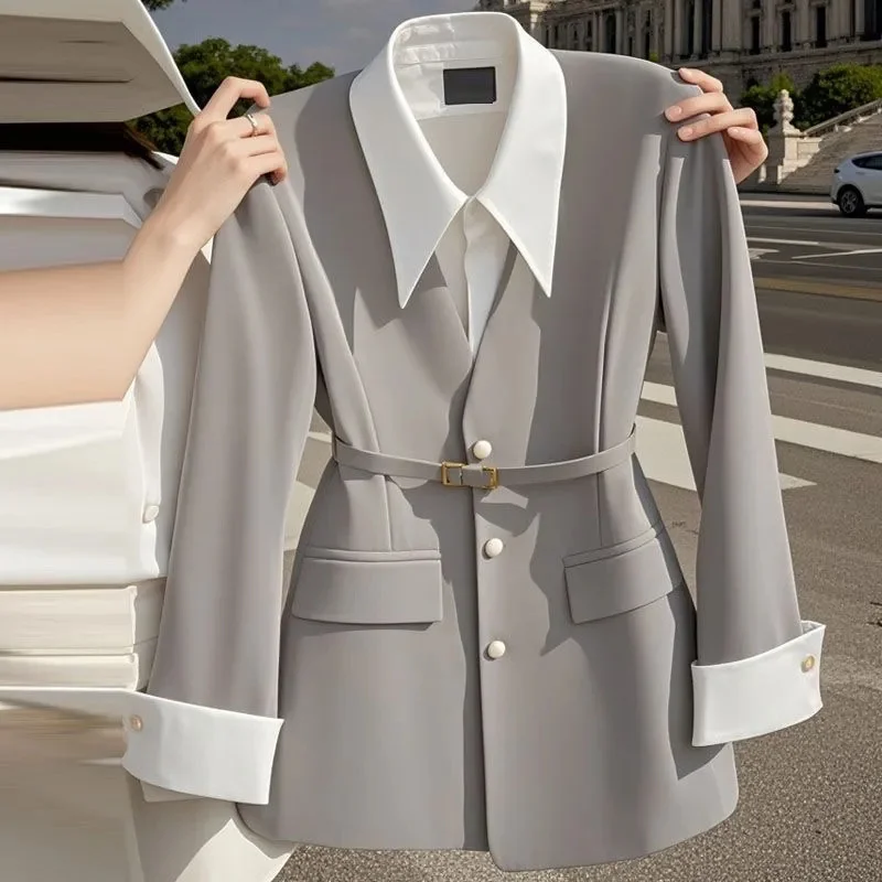 

Spring Autumn Women Patchwork Blazer Jacket Korean Lady Fashion Long Sleeves Suit Outwear Female Fake Two Pieces Tops Coat ﻿ ﻿
