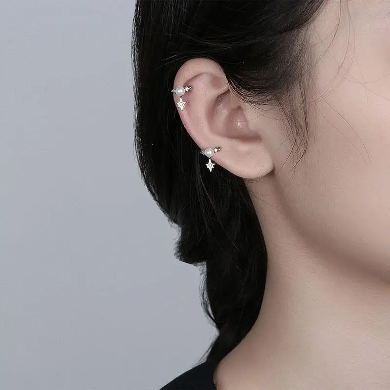 1 PC Six-pointed Star Ear Clip Earrings for Women Girl Sparkling Pearl Geometry Ear Cuff Party Fashion Silver Color Jewelry Gift