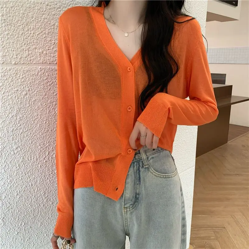 Summer Casual Loose Thin Long Sleeve Coat Women Fashion All-match V-neck Button Cardigan Sexy Transparent Y2k Sunscreen Clothing