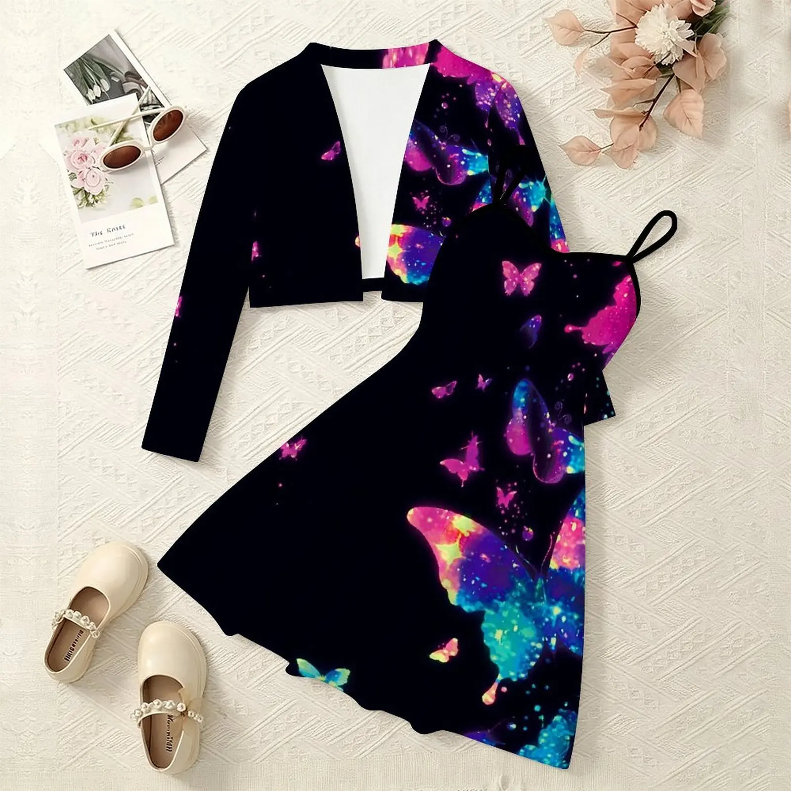 Retro Print Girls Two Piece Outfit, Long Sleeve Cardigan + Spaghetti Strap Dress, Sweet Adorable Kids Set,  for Beach Vacation