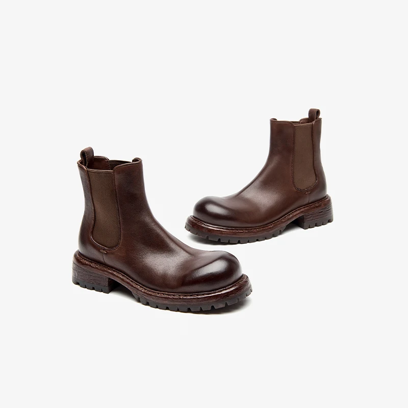 BEAUTODAY Ankle Boots Women Genuine Horse Leather Round Toe Chelsea Boots Slip-on Ladies Platform Shoes Handmade 03A62