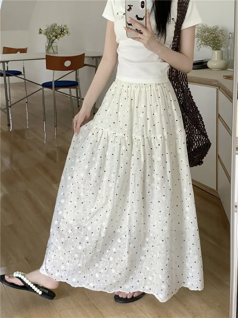 

plus Size Summer New Embroidered Floral Skirt High Waist Slimming Polka Dot A-Line Midi Skirt Women's Fashion Casual Skirt